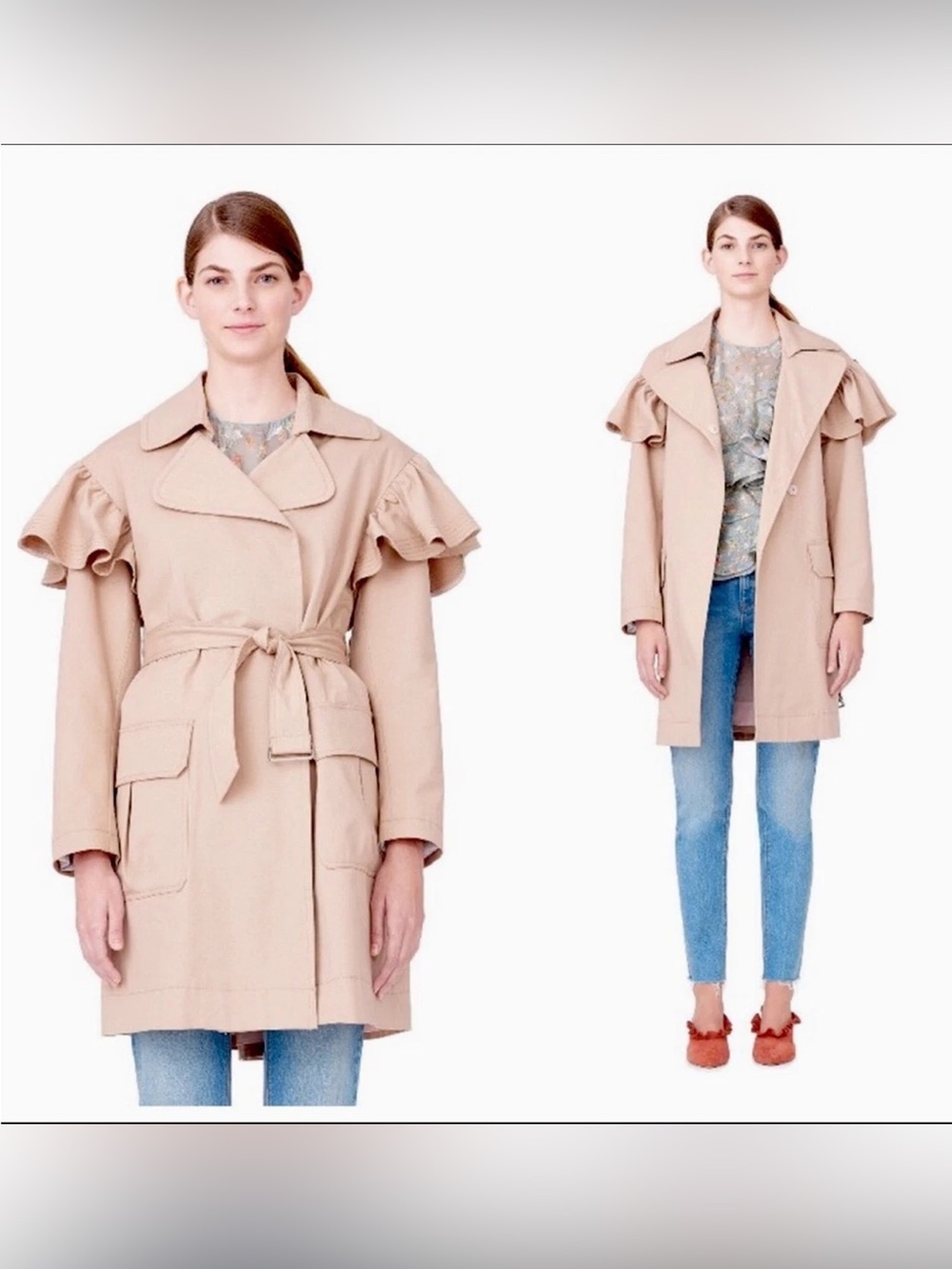 Rebecca Taylor Cotton-Faille Belted Trench Coat Size XS Tan Beige Ruffle Detail